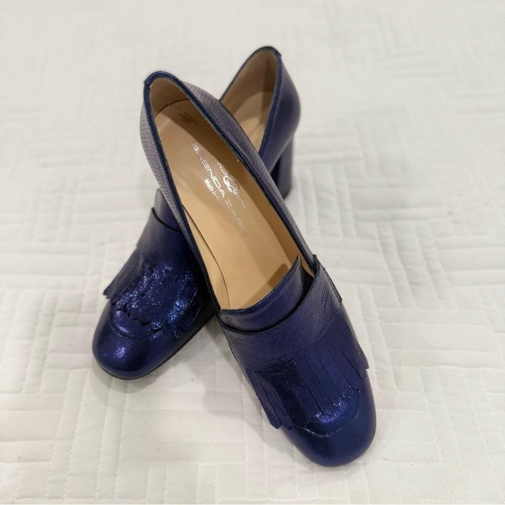 Brenda Zaro Metallic Blue Leather Kiltie Fringe Block Heel Loafers Spain 38